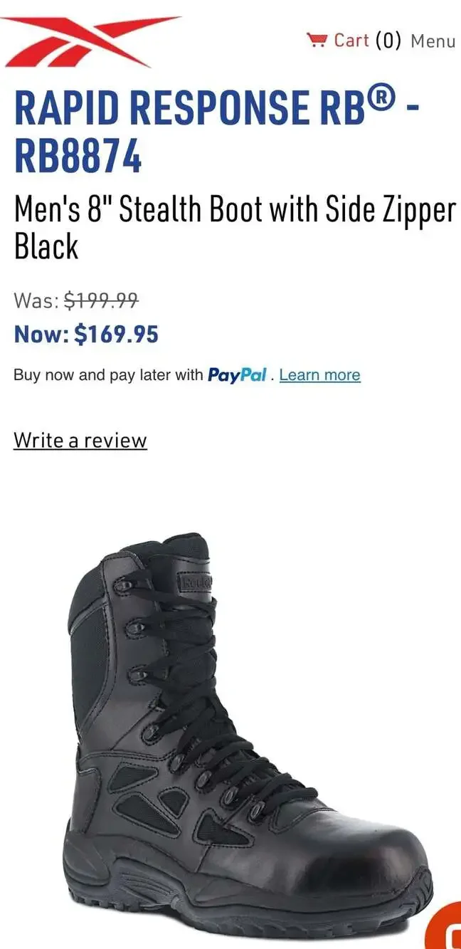 Reebok Men's Rapid Response RB8874 8-Inch Side-Zip Stealth Tactical Boots Sz 13